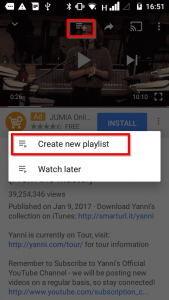 Playlist on YouTube Android App - click on create playlist