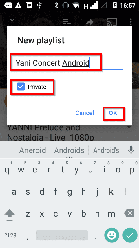 Playlist on YouTube Android App - create name of playlist